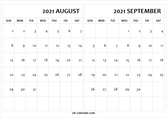 A4 Size August September 2021 Calendar Printable - A4 Calendar Calendar September 2020 To August 2021