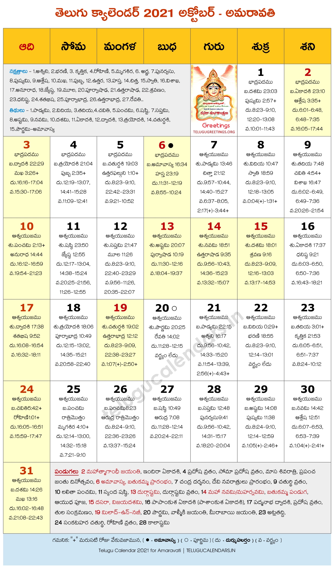 Amaravati 2021 October Telugu Calendar | Telugu Calendars September 2021 Calendar In Hindi