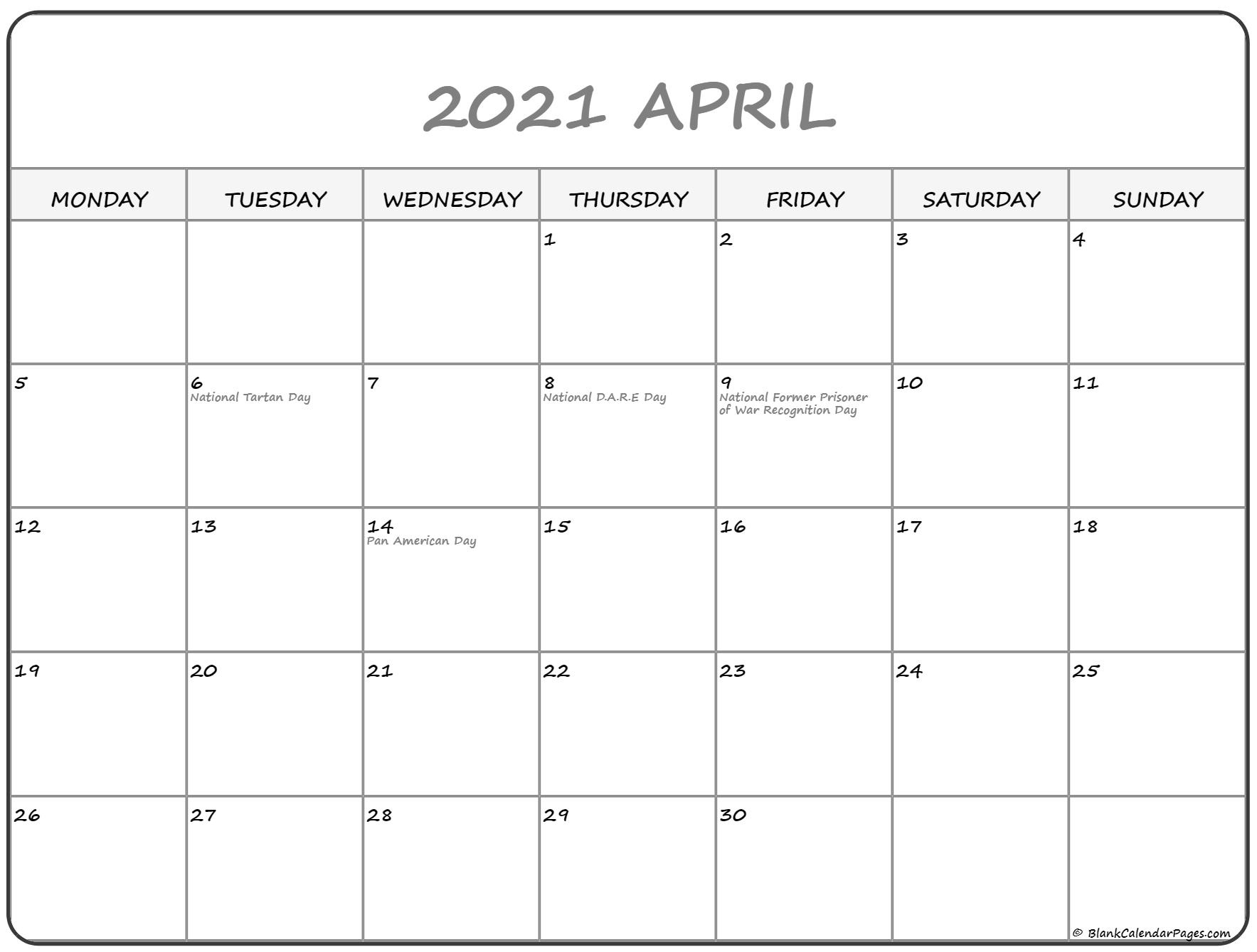 April 2021 Monday Calendar | Monday To Sunday April - September 2021 Calendar