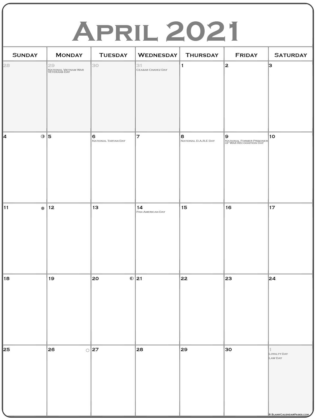 April 2021 Vertical Calendar | Portrait April - September 2021 Calendar
