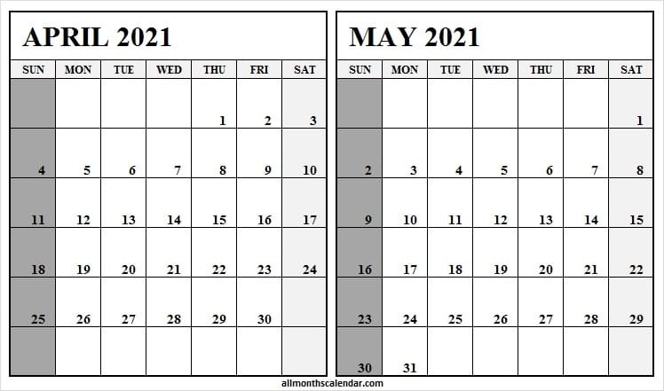 April May 2021 Calendar A4 Printable - Two Month Calendar Template April - September 2021 Calendar