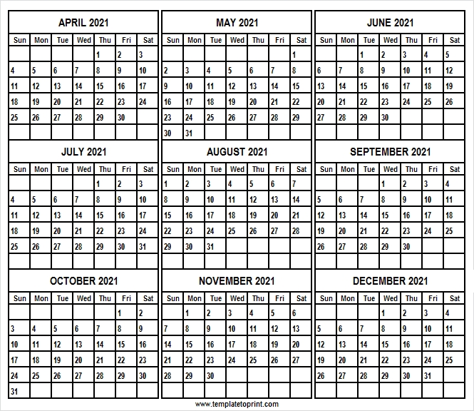 April To December 2021 Calendar Template | 2021 Blank Calendar Editable December 2021 Calendar