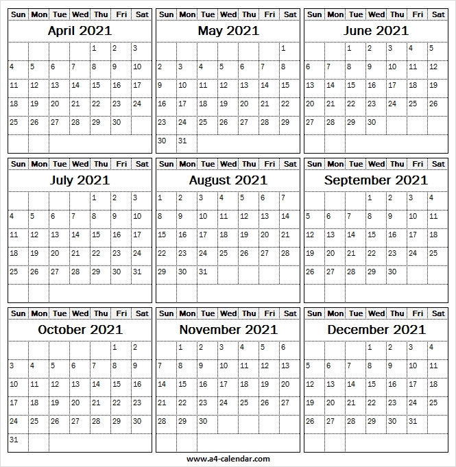 April To December 2021 Calendar Vertical - A4 Calendar View Calendar Of December 2021