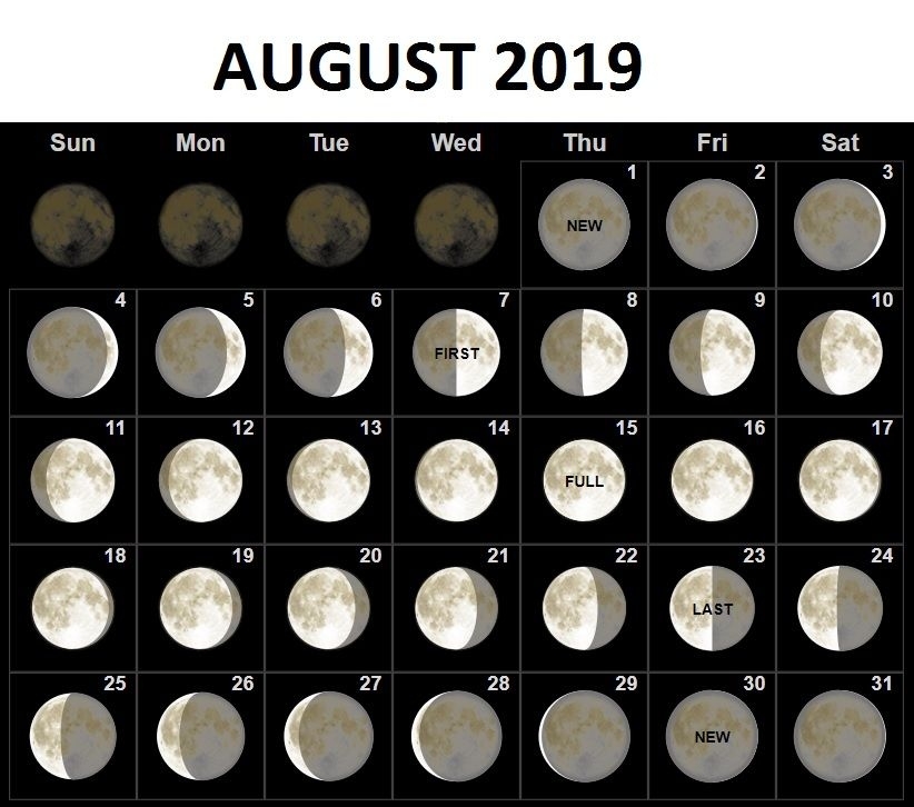 August 2019 Moon Phases Calendar | Moon Phase Calendar, May Full Moon, New Moon Calendar August 2021 Calendar With Moon Phases