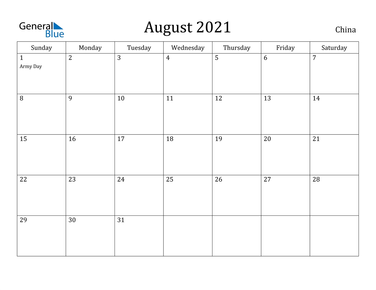 August 2021 Calendar - China August 2021 Calendar Events