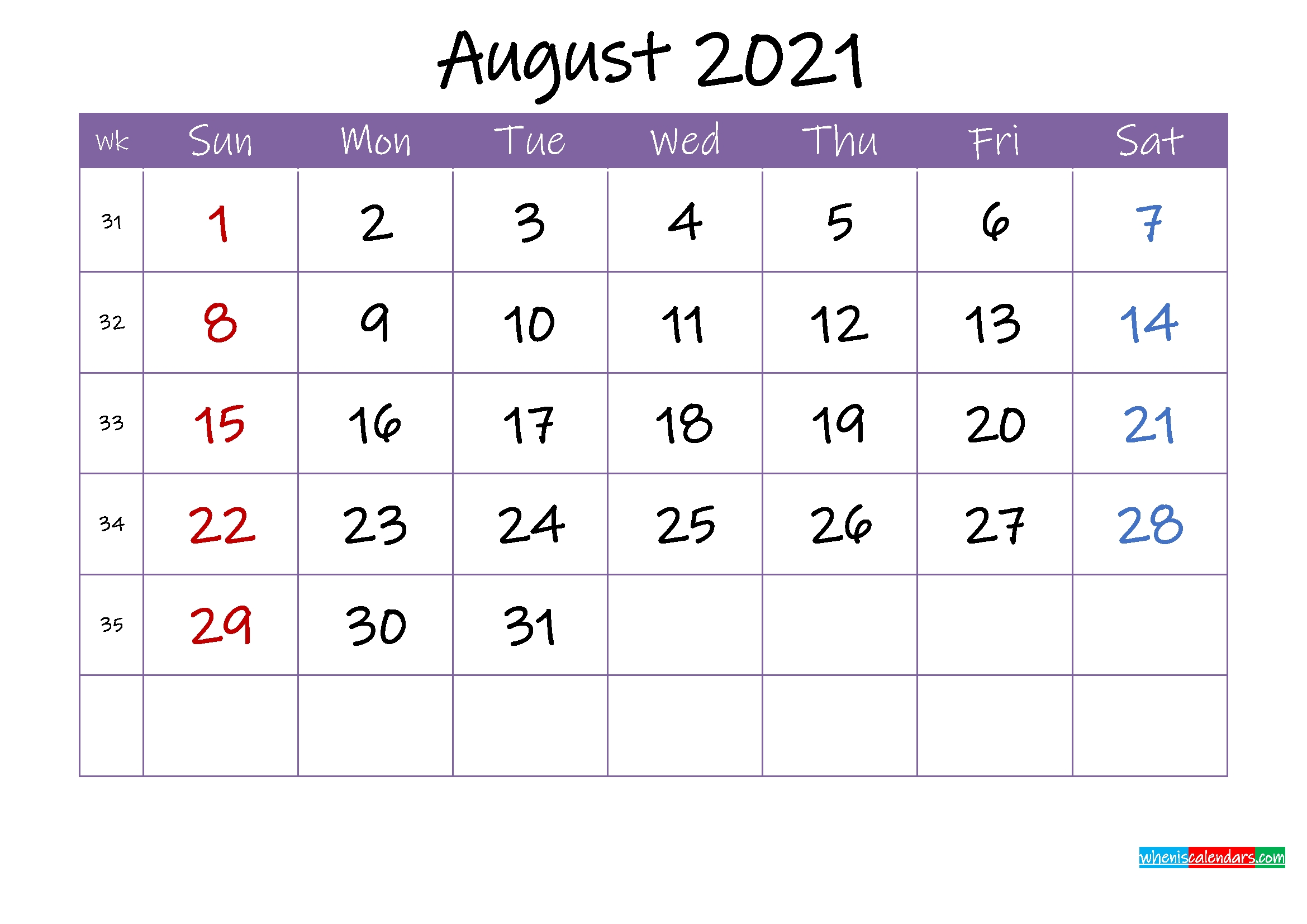 August 2021 Calendar With Holidays Printable - Template Ink21M56 August 2021 Calendar Month