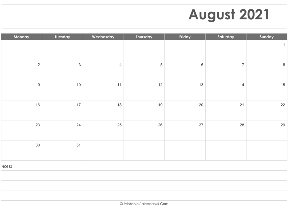 August 2021 Calendar With Note Pdf Word Image | Calvert Giving Next Year August Calendar 2021