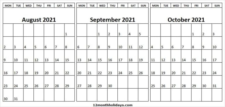 August To October 2021 Printable Calendar | 2021 Editable Calendar August 2021 Calendar Editable