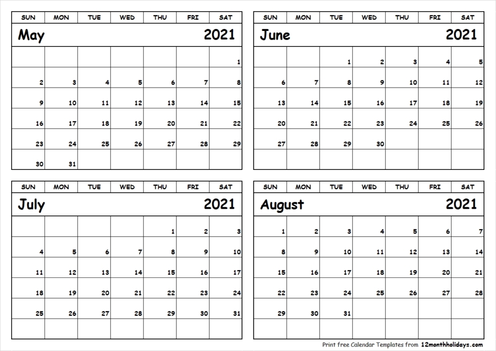 Blank Calendar May June July August 2021 | 2021 Printable Calendars Blank Calendar June July August 2021