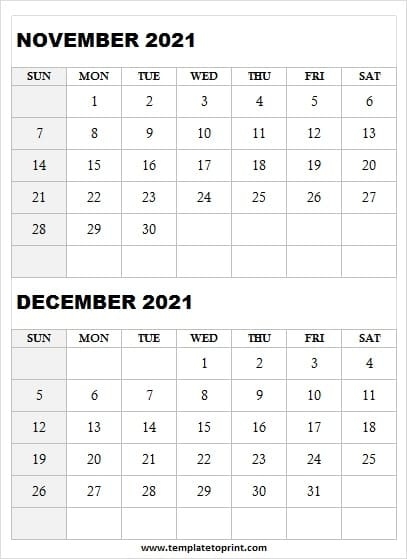 Blank Calendar November December 2021 - 2021 Calendar Free Printable 2021 November December Calendar