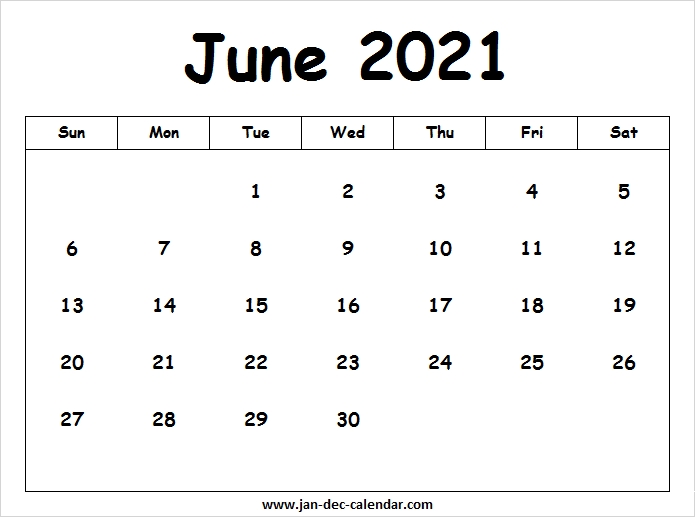 Blank Printable June Calendar 2021 Template Free Www.wiki-Calendar.com June 2021