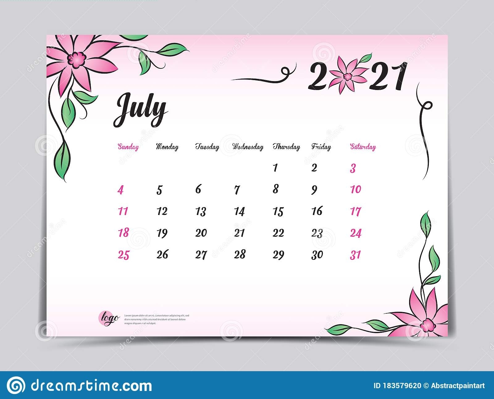 Calendar 2021 Template Pink Flower Concept Creative Design, July 2021 Month, Simple Desk December 2021 Calendar Floral