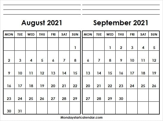 Calendar August September 2021 Mon To Fri - Blank Aug 2021 Calendar Calendar For August And September 2021