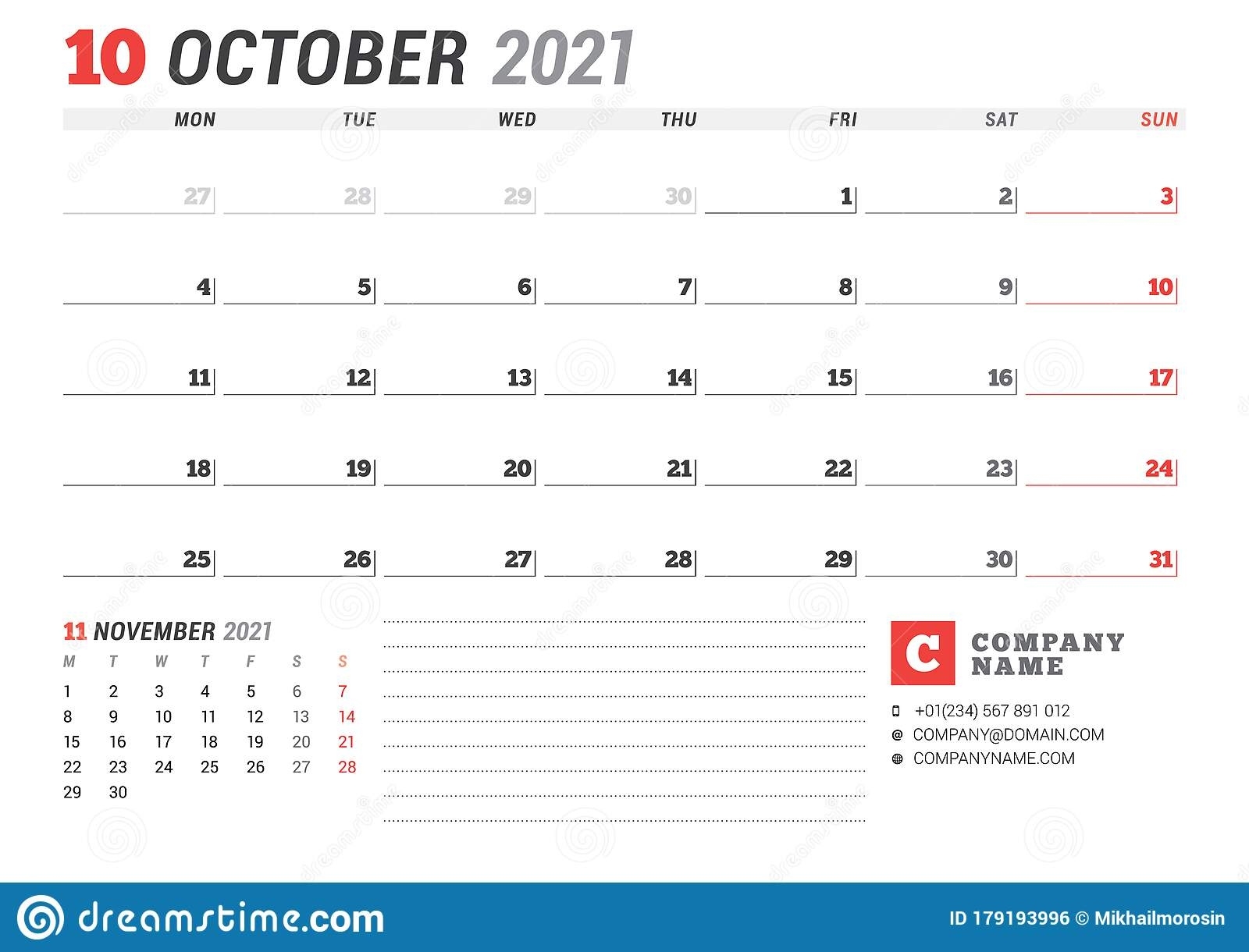 Calendar For October 2021. Business Monthly Planner. Stationery Design. Week Starts On Monday October 2021 Calendar Starting Monday