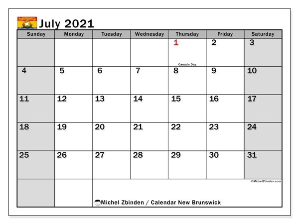 Calendar July 2021 - New Brunswick - Michel Zbinden En July 2021 Calendar With Holidays Canada