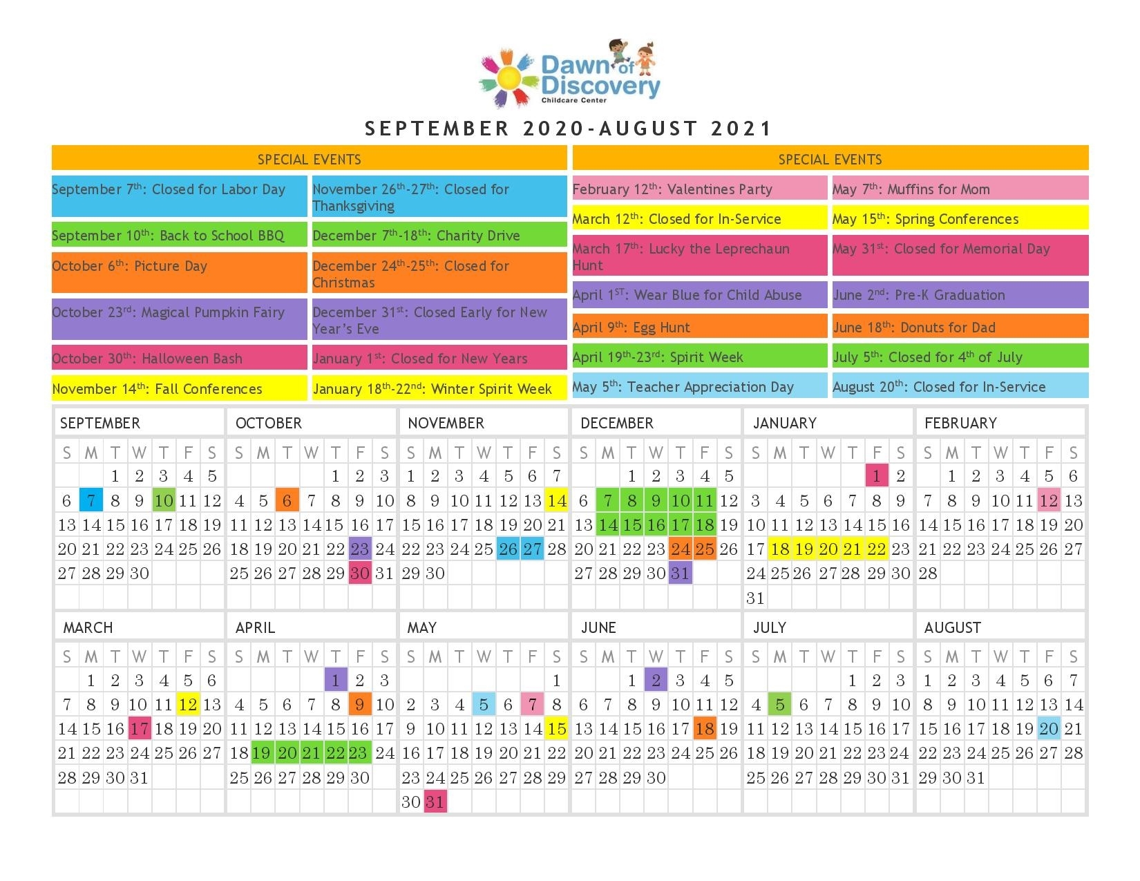 Calendar Of Events, Dawn Of Discovery Childcare Center, Daycare For Kids Age 6 Months-5 Years Waterproof Calendar August 2021