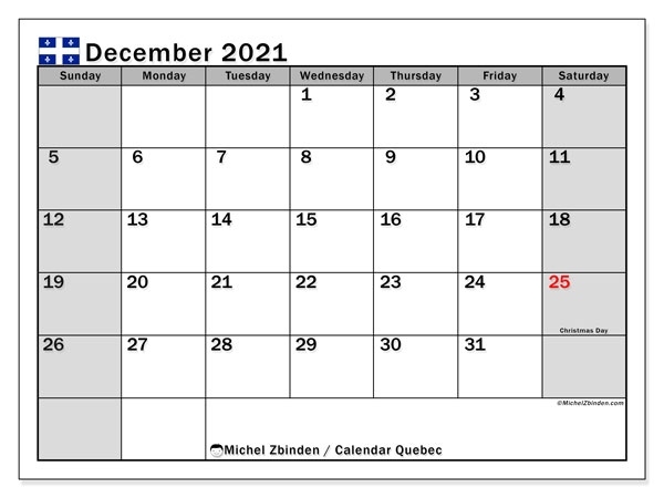 Calendar &quot;Quebec&quot; - Printing December 2021 - Michel Zbinden En December 2021 Calendar Canada