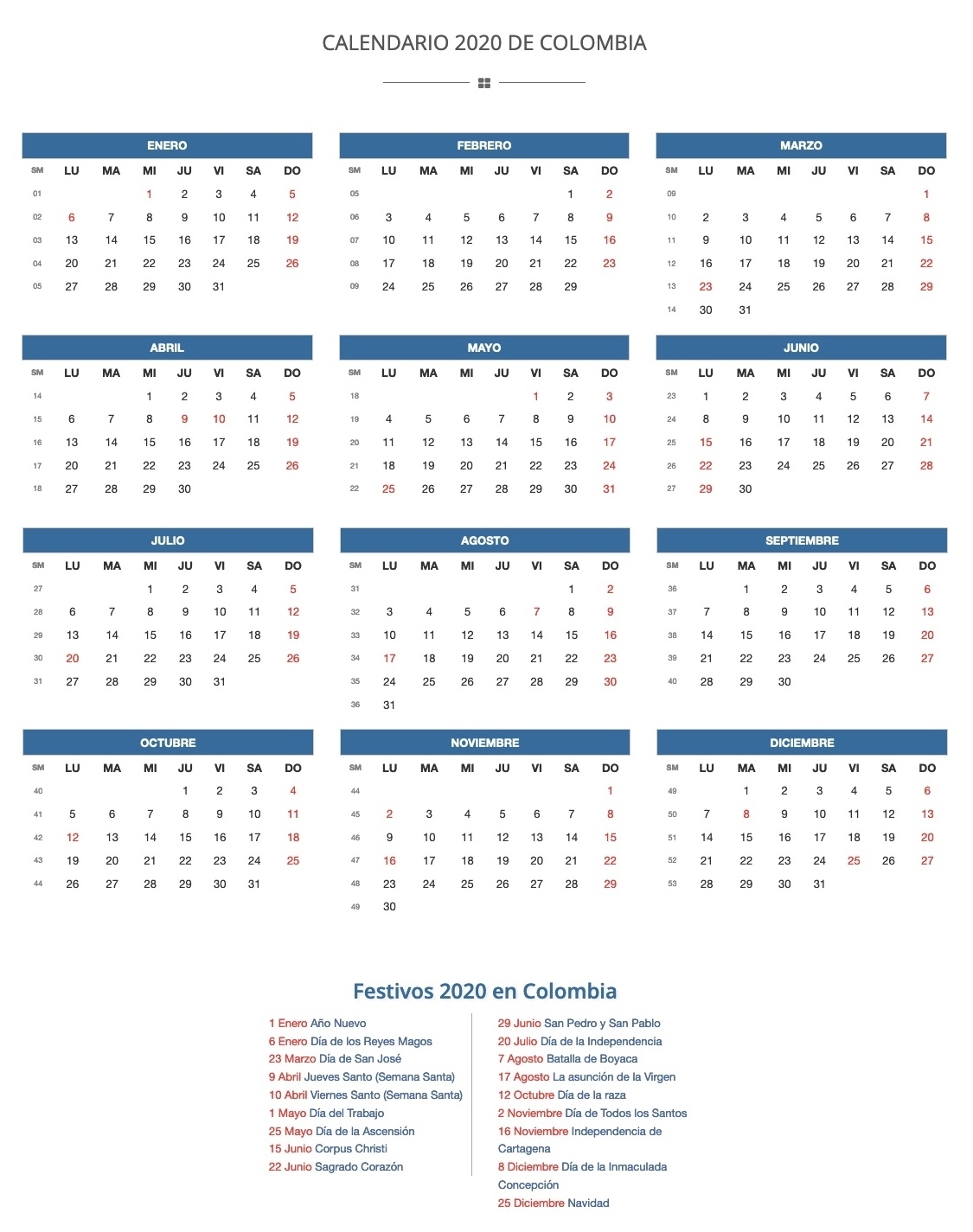Calendario 2020 De Colombia | Festivos 2020 General Blue July 2021 Calendar