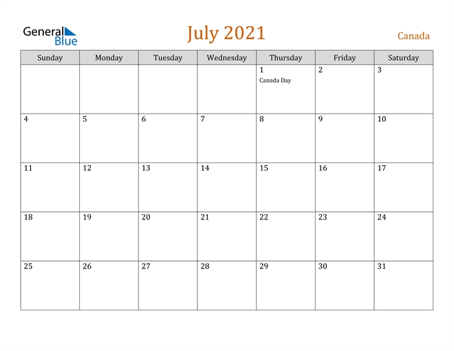Canada July 2021 Calendar With Holidays July 2021 Calendar With Holidays Canada