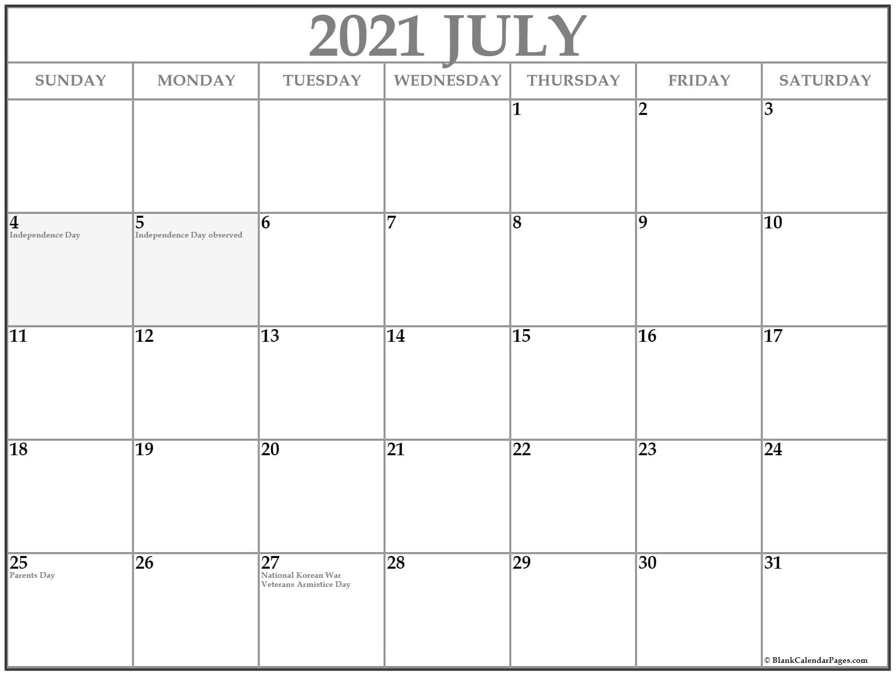 Collection Of July 2021 Calendars With Holidays July 2021 Calendar Holidays