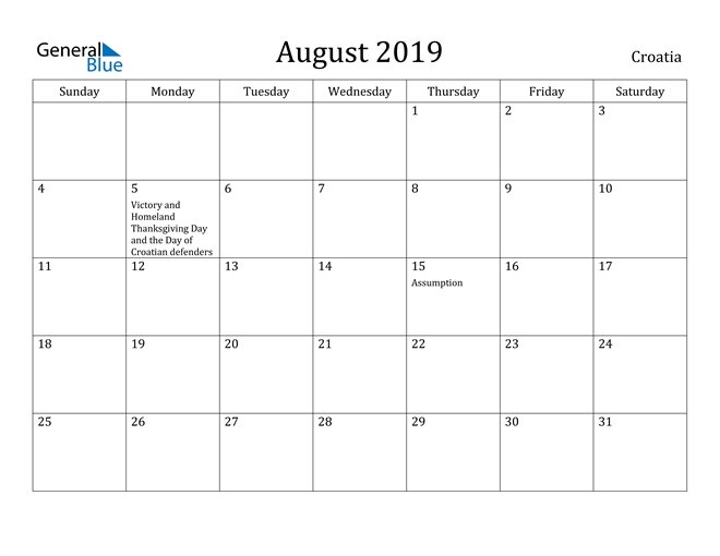 Croatia August 2019 Calendar With Holidays Calendar Iulie August 2021