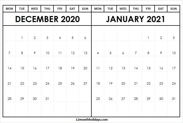 December 2020 January 2021 Calendar New Zealand With Holidays Printable Monthly Calendar December 2020 And January 2021