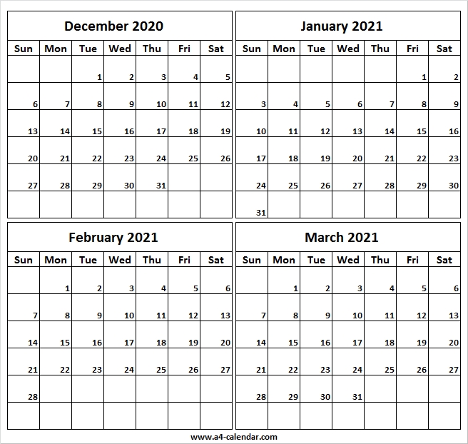 December 2020 To March 2021 Calendar A4 Template - Pinterest December 2020 - March 2021 Calendar