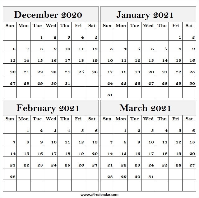December 2020 To March 2021 Calendar Editable - A4 Calendar Printable Calendar December 2020 To March 2021