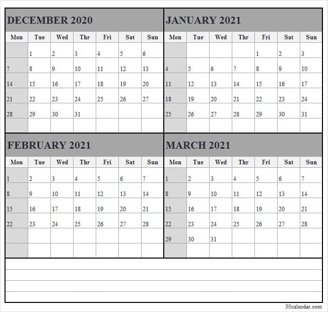 December 2020 To March 2021 Calendar Excel - Editable Calendar 2020 December 2020 Through March 2021 Calendar