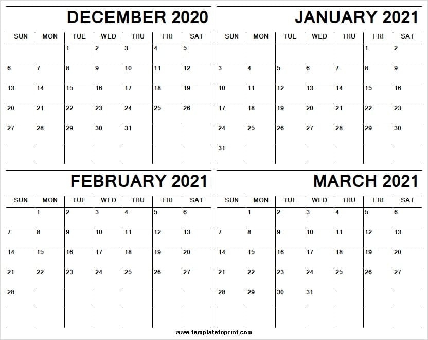 December 2020 To March 2021 Calendar Template - Four Month Calendar December 2020 - March 2021 Calendar