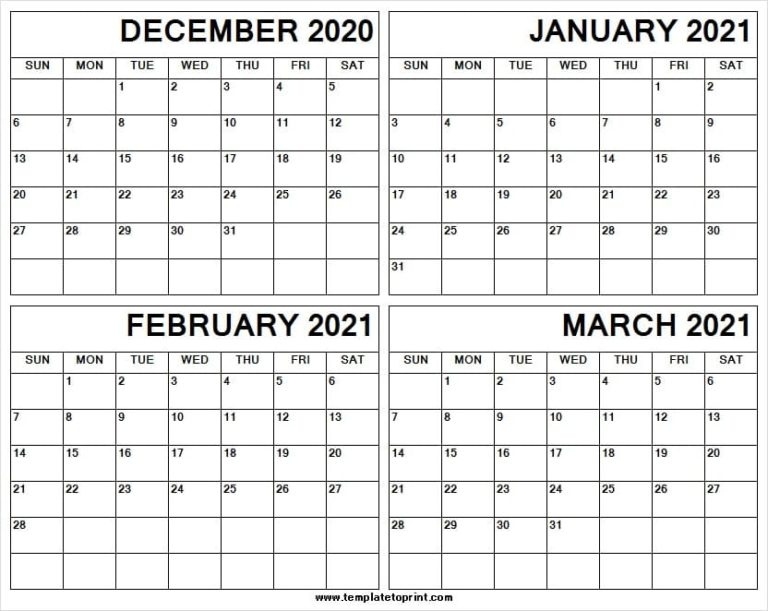 December 2020 To March 2021 Calendar Template - Four Month Calendar December 2020 To March 2021 Calendar