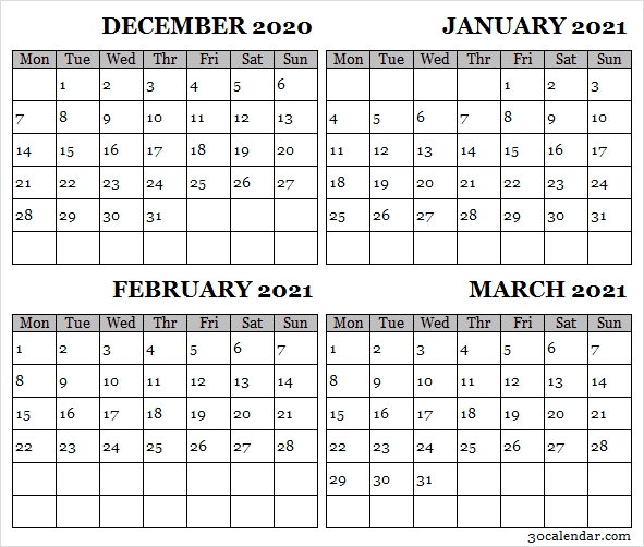 December 2020 To March 2021 Calendar Template - Monthly Planner 2020 December 2020 - March 2021 Calendar