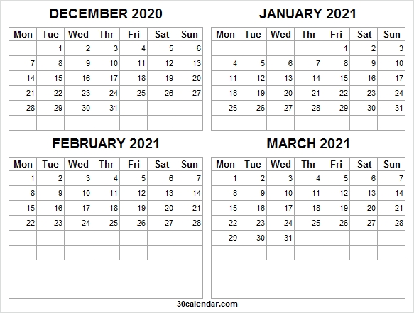December 2020 To March 2021 Calendar Template - Monthly Planner 2020 December 2020 To March 2021 Calendar