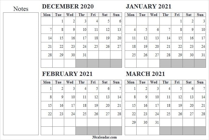 December 2020 To March 2021 Calendar Template - Monthly Planner 2020 Printable Calendar December 2020 To March 2021