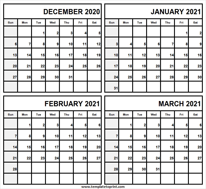 December 2020 To March 2021 Calendar United States - Blank Calendar Printable Calendar December 2020 To March 2021