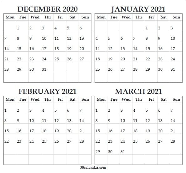 December 2020 To March 2021 Calendar Word - Blank Calendar 2020 December 2020 - March 2021 Calendar