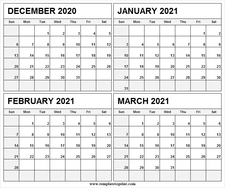 December 2020 To March 2021 Printable Calendar - Four Month Calendar December 2020 Through March 2021 Calendar