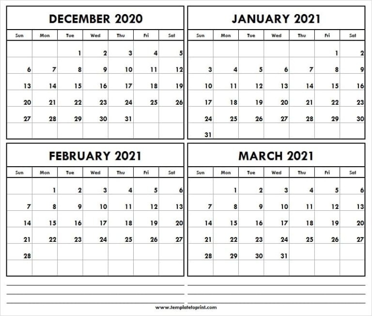 December 2020 To March 2021 Printable Calendar - Four Month Calendar Printable Calendar December 2020 To March 2021