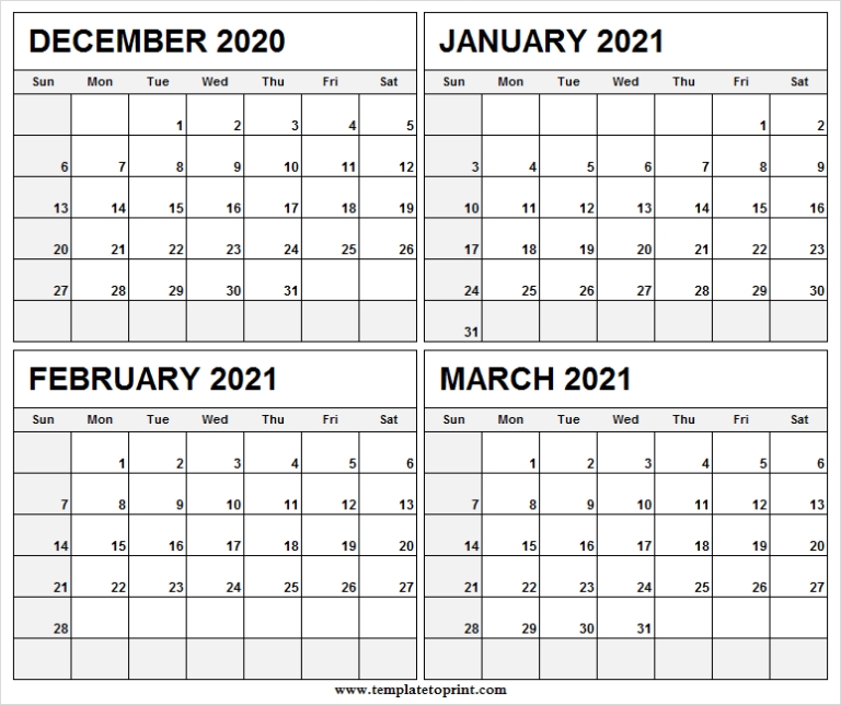 December 2020 To March 2021 Printable Calendar - Four Month Calendar Printable Calendar December 2020 To March 2021