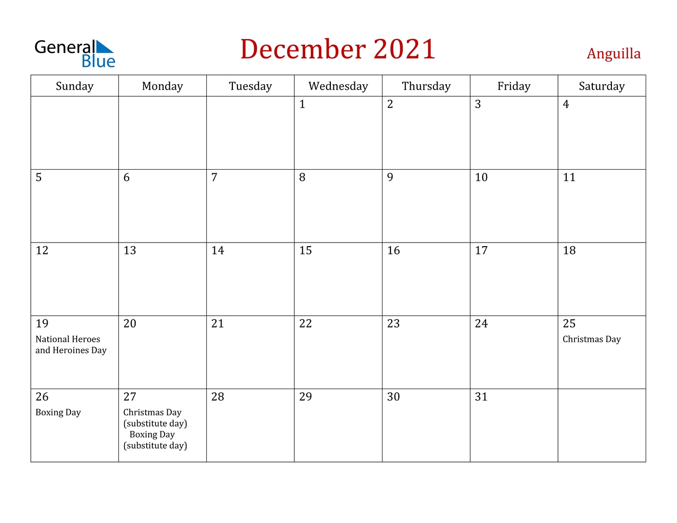 December 2021 Calendar - Anguilla December 2021 Calendar Word