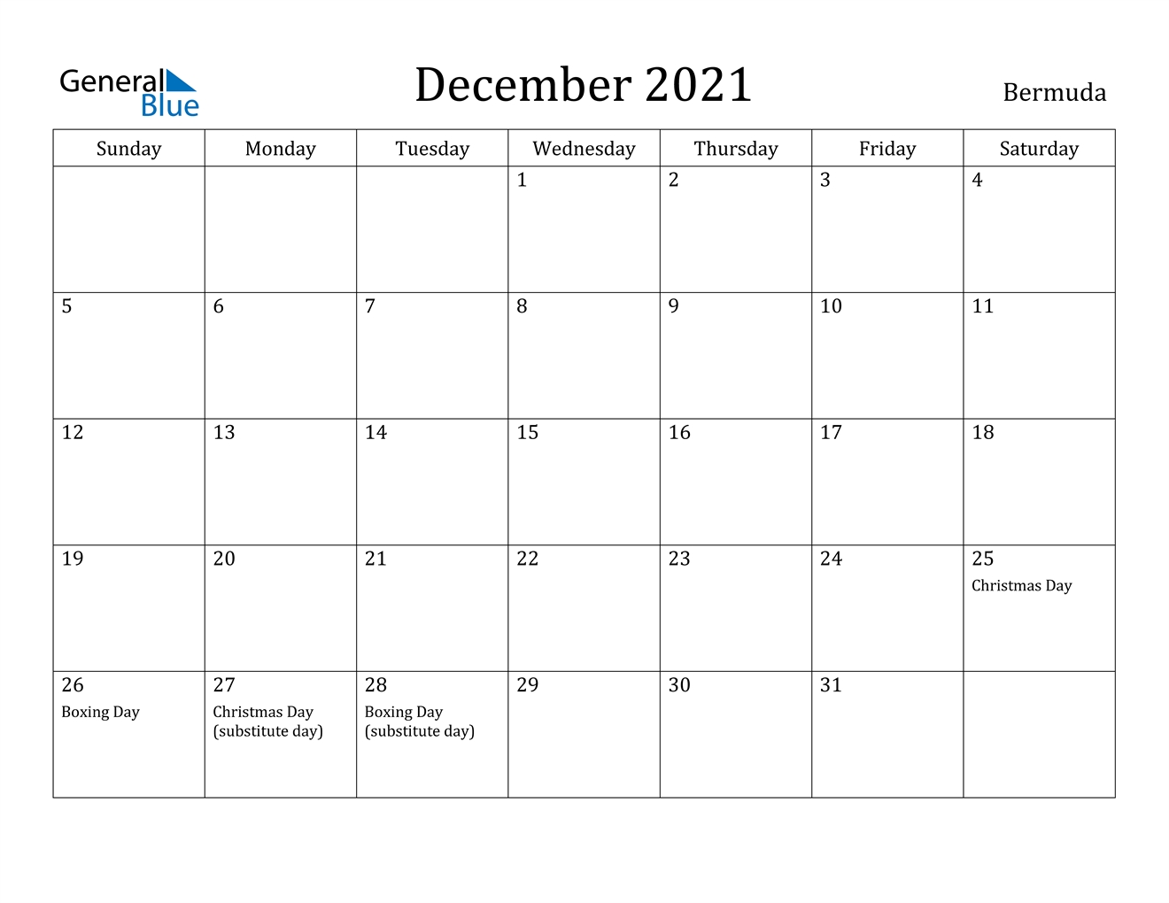 December 2021 Calendar - Bermuda Editable December 2021 Calendar