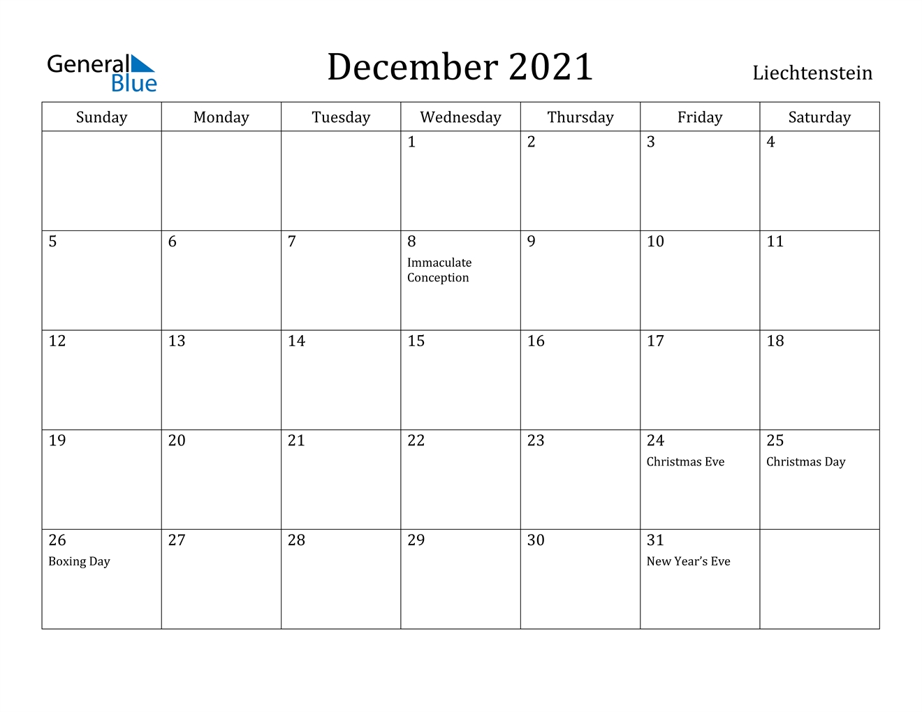 December 2021 Calendar - Liechtenstein November 2020-December 2021 Calendar
