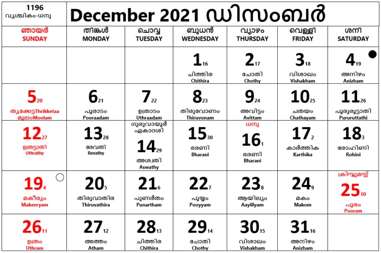 December-2021 - Calendar Malayalam Malayalam Calendar 2021 October