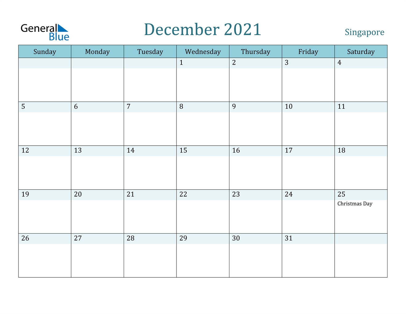 December 2021 Calendar - Singapore December 2021 Calendar Word