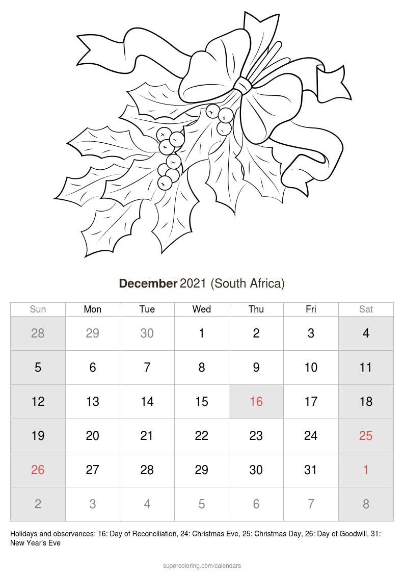 December 2021 Calendar - South Africa View Calendar Of December 2021