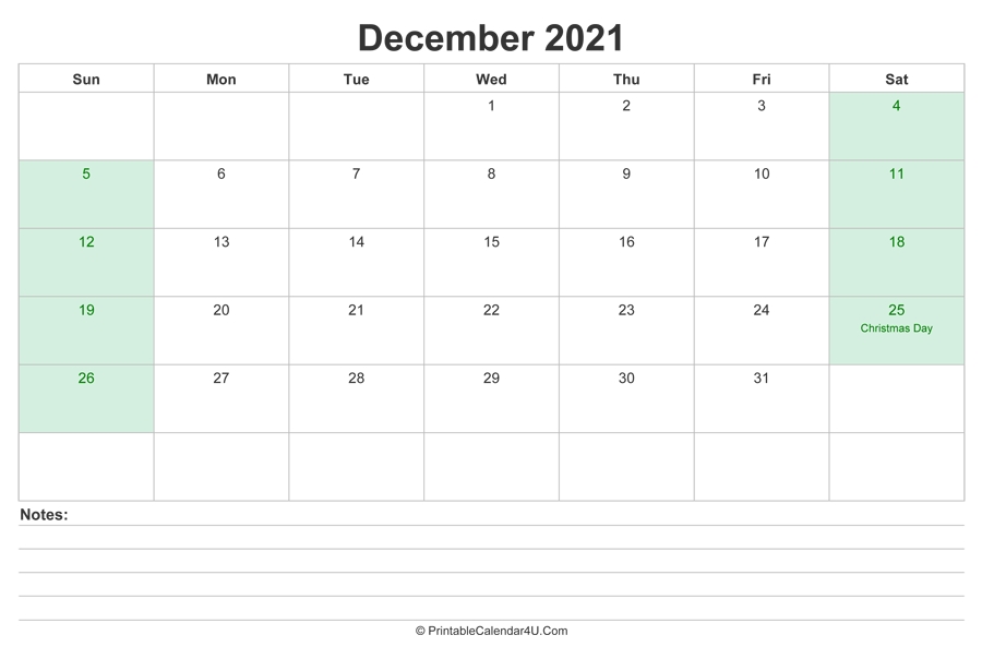 December 2021 Calendar With Us Holidays And Notes (Landscape Layout) December 2021 Calendar With Holidays Printable
