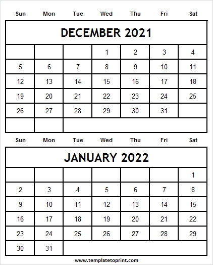 December 2021 January 2022 Calendar Print | 2021 Monthly Calendar Printable Monthly Calendar December 2020 And January 2021