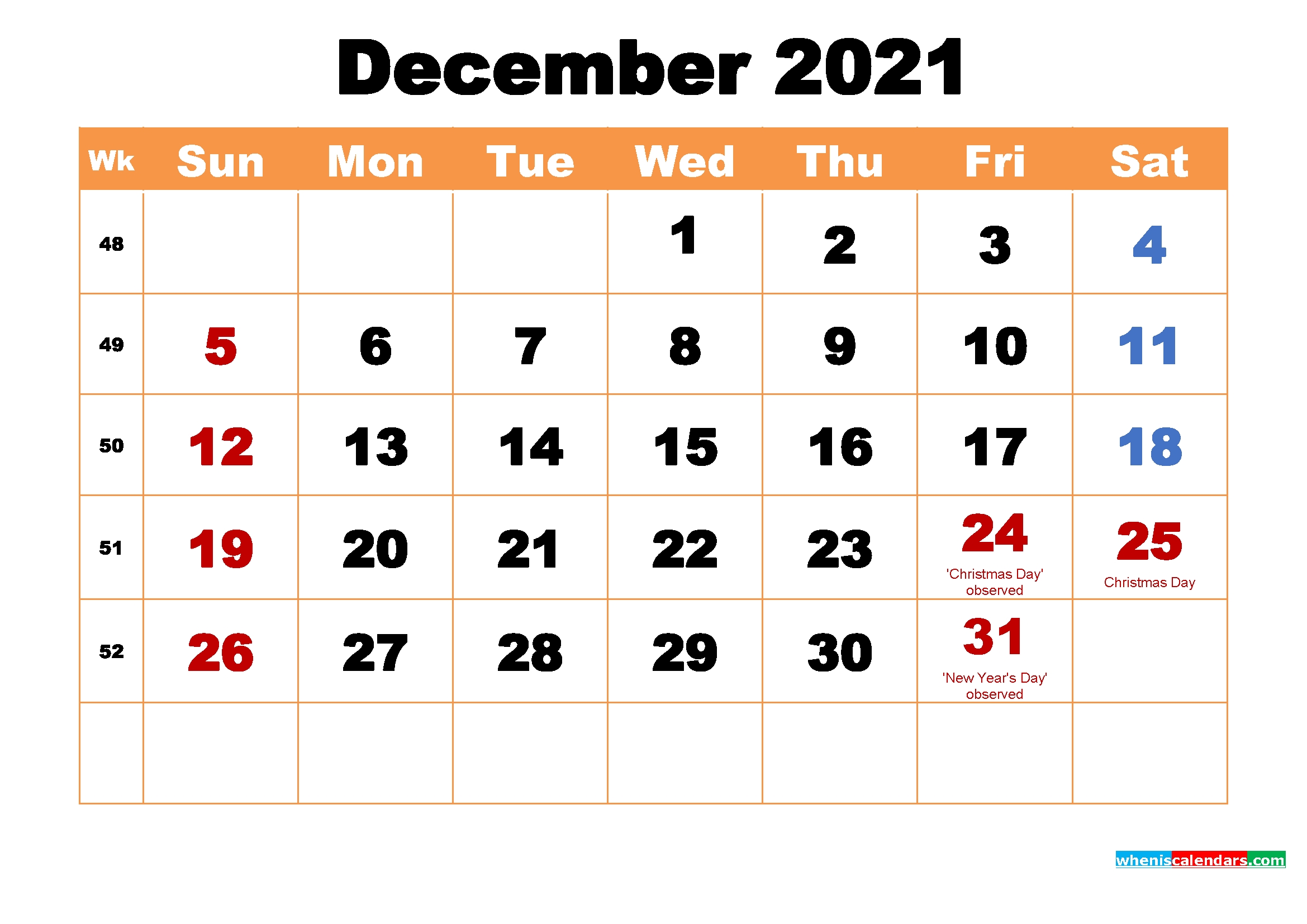 December 2021 Printable Monthly Calendar With Holidays Month Of December 2021 Calendar
