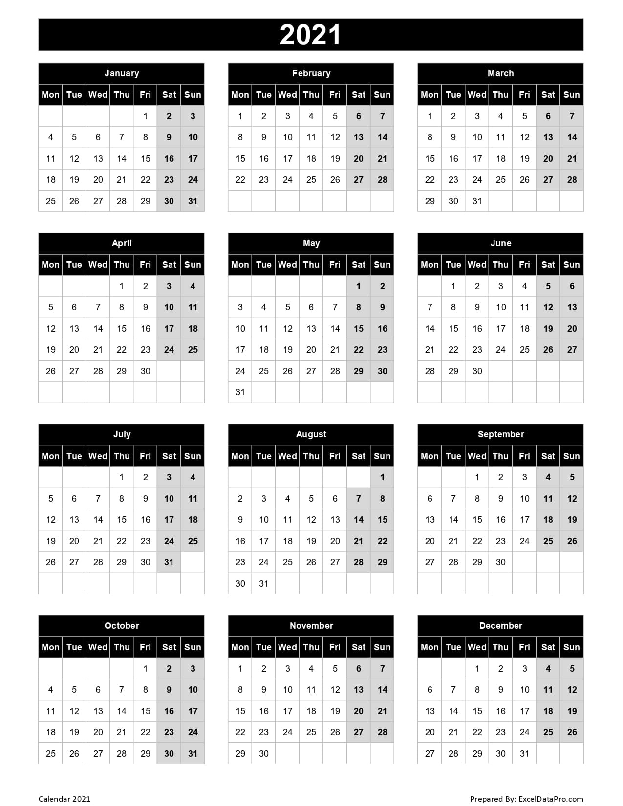 Download 2021 Yearly Calendar (Mon Start) Excel Template - Exceldatapro View Calendar Of December 2021