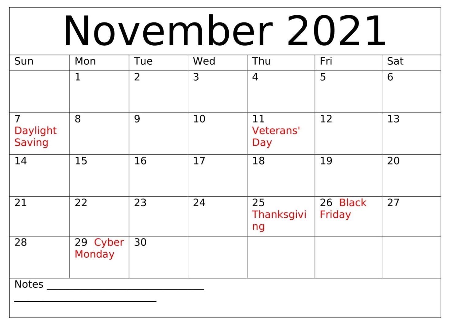 Download November 2021 Calendar With Holidays - Thecalendarpedia Calendar For November 2021 With Holidays